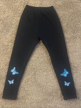 Girls' Black Leggings with Blue Butterfly Details